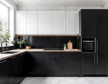modern black white kitchen interior with wood countertops